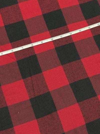 Red and black tom tom twill check yarn-dyed fabric.