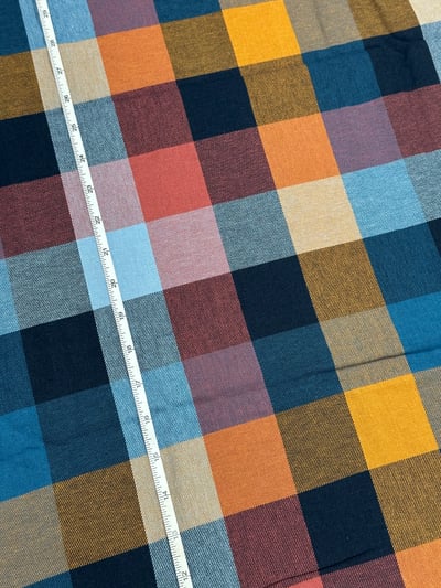 Navy, sky blue, pink, orange and mustard twill tom tom check yarn-dyed fabric.