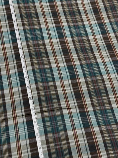 Teal, brown and grey herringbone plaid yarn-dyed fabric, with fine maroon and yellow lines.
